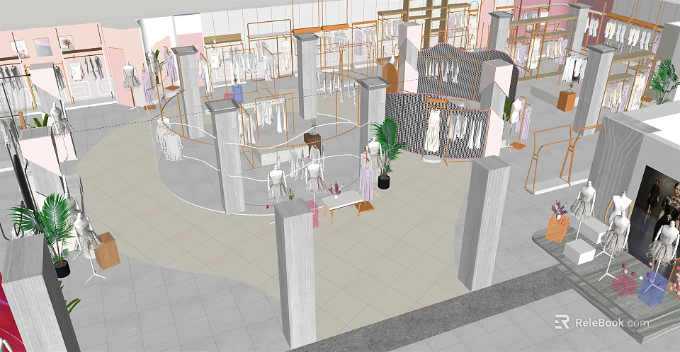 Modern Clothing Store Interior With Fashion Racks Mannequins Green Plants And Apparel 3d model 