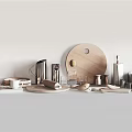Stylish Kitchenware Collection With Wooden Plates Metal Containers And Cups On Countertop