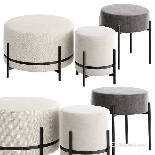 Round Fabric Stools In Beige And Gray With Black Metal Legs Design 3d model 