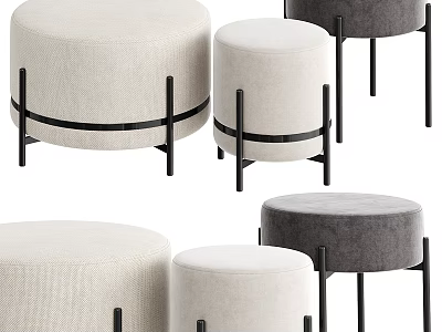 Round Fabric Stools In Beige And Gray With Black Metal Legs Design 3d model
