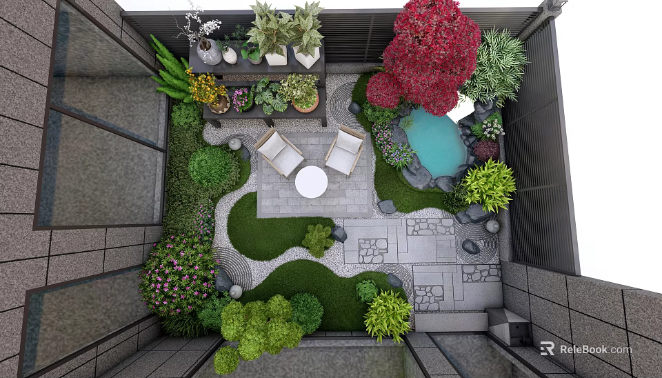 Rooftop Garden With Lush Plants Chairs Round Table Stone Path Small Pond And Decorative Stones 3d model 