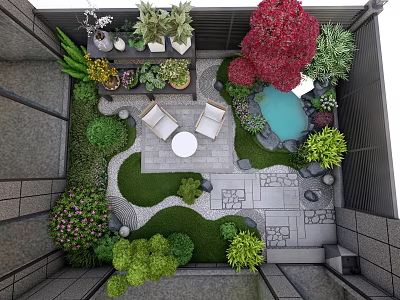 Rooftop Garden With Lush Plants Chairs Round Table Stone Path Small Pond And Decorative Stones 3d model