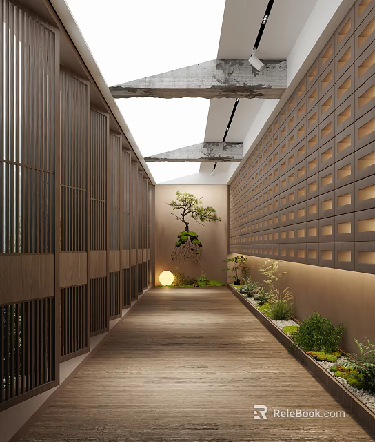 Zen Inspired Elevator Corridor With Wood Panels Green Plants And Warm Light 3d model 