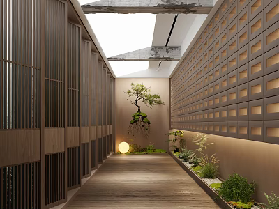 Zen Inspired Elevator Corridor With Wood Panels Green Plants And Warm Light 3d model