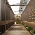 Zen Inspired Elevator Corridor With Wood Panels Green Plants And Warm Light
