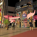 Hong Kong Style Commercial Street With Pink Dragon Decoration And Shoe Store Windows