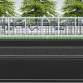 Commercial Landscape With Modern Glass Curtain Wall Entrance Canopy Golden Sculpture Trees And Paved Plaza