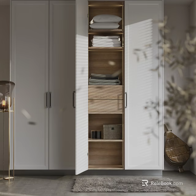 Modern Open Wardrobe Interior With Wooden Shelves Drawers And Storage Boxes 3d model 