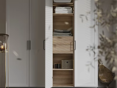 Modern Open Wardrobe Interior With Wooden Shelves Drawers And Storage Boxes 3d model