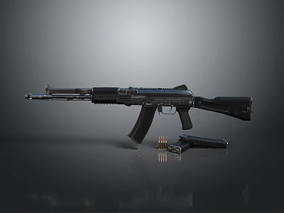 Modern Black Tactical Rifle With Magazine And Bullets On Dark Surface 3d model