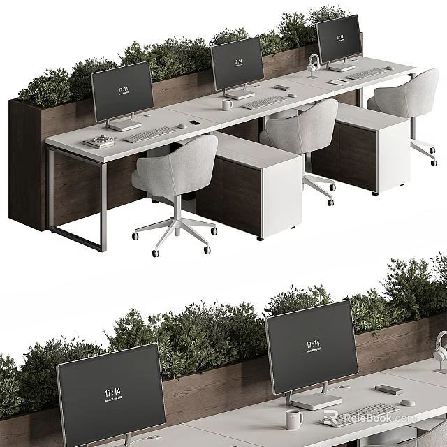 Modern Office Desk Setup With Multiple Monitors Green Plants Ergonomic Chairs And Storage Units 3d model 