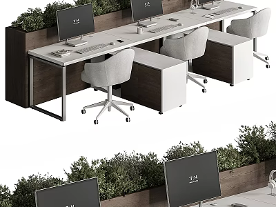 Modern Office Desk Setup With Multiple Monitors Green Plants Ergonomic Chairs And Storage Units 3d model