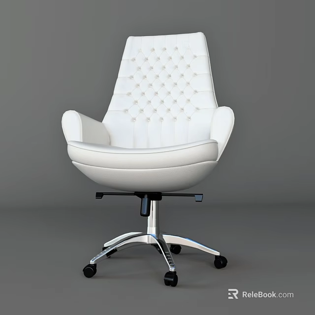 White Office Chair With Diamond Tufted Backrest Curved Armrests Silver Metal Base And Swivel Casters 3d model 