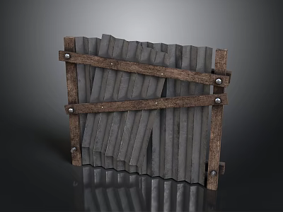 Rustic Wooden Decorative Panel Structure With Vertical Slats And Metal Brackets 3d model