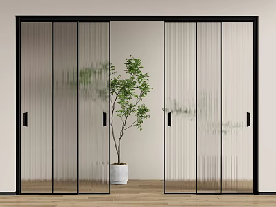 Black Framed Frosted Glass Sliding Doors In Modern Interior With Green Plant And Wooden Floor 3d model
