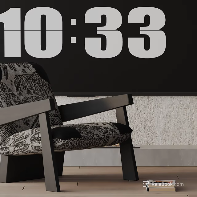 Elegant Leisure Chair with Black and White Patterned Cushions and Dark Frame Against Textured Wall 3d model 