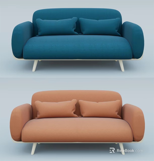 Modern Two Seater Sofa in Blue Orange with Soft Cushions Stylish Armrests and Sleek Legs 3d model 