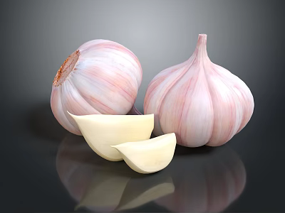Whole Fresh Garlic Bulbs and Sliced Cloves on Black Background with Reflection 3d model Whole Fresh Garlic Bulbs and Sliced Cloves on Black Background with Reflection 3d model