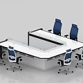Modern Conference Room Interior Design With Geometric Table Blue Ergonomic Chairs And White Surface