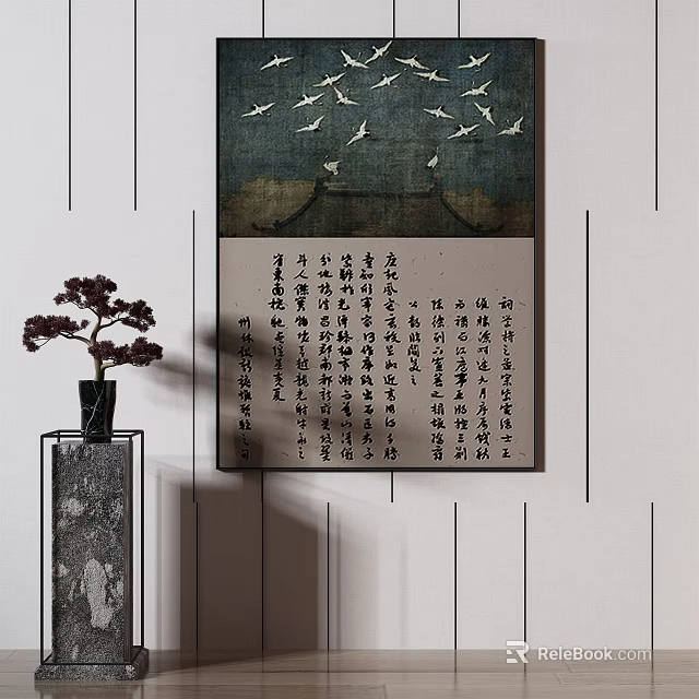 Traditional Chinese Calligraphy Scroll With Flying Birds And Stone Vase Interior Decor 3d model 