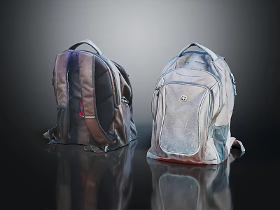 Two Stylish Backpacks Dark And Light Colored With Reflective Surface On Dark Background 3d model