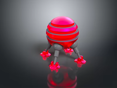 Red Striped Spherical Object With Gray Support Legs And Red Star Shaped Decorations 3d model