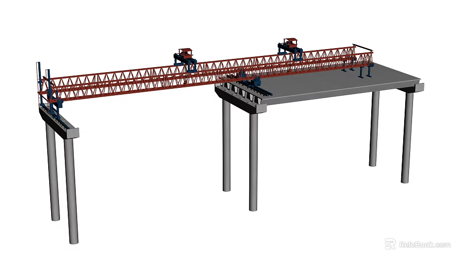 Bridge Construction Site With Cranes Working On Concrete Piers Structure 3d model 