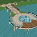 Waterfront Architectural Structure With Wooden Walkway Circular Platform Blue Decorative Center Railings And Supporting Pillars