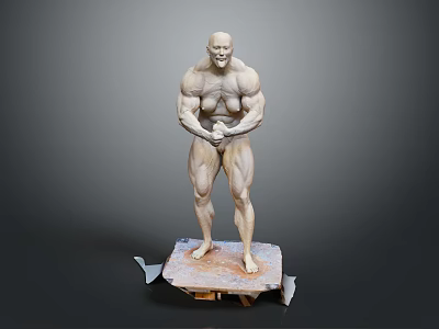 Muscular Male Statue Standing On Broken Platform With Grey Background 3d model