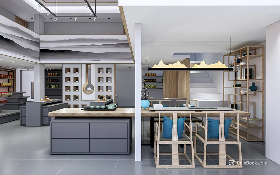 Modern Open Kitchen Interior With Island Counter Pendant Lights And Wooden Chairs 3d model 