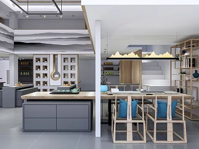 Modern Open Kitchen Interior With Island Counter Pendant Lights And Wooden Chairs 3d model