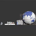 Globe Model Maintenance Setup With Yellow Scaffolding White Miniature People And Workbench Equipment