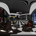 Fitness Center Reception Desk With Black And White Checkered Floor Chandelier And Green Plants
