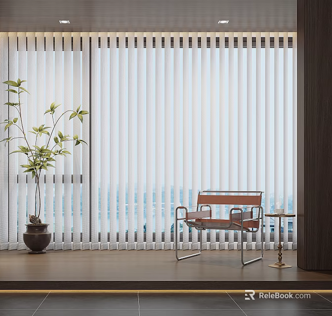 White Vertical Blinds in Modern Room with Potted Plant Wooden Bench and City View 3d model 