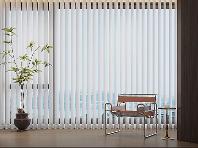 White Vertical Blinds in Modern Room with Potted Plant Wooden Bench and City View 3d model