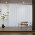 White Vertical Blinds in Modern Room with Potted Plant Wooden Bench and City View