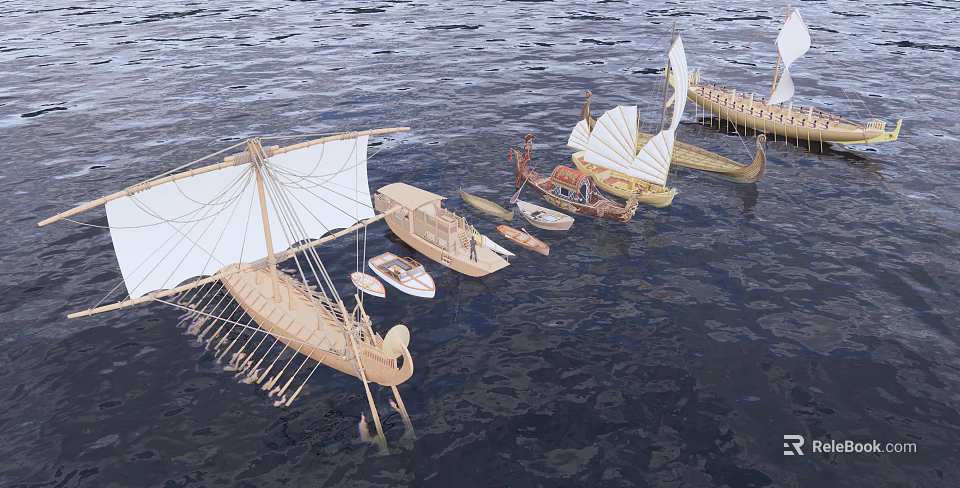 Traditional Wooden Boats With White Sails Sailing On Calm Blue Water 3d model 