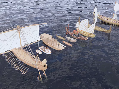 Traditional Wooden Boats With White Sails Sailing On Calm Blue Water 3d model