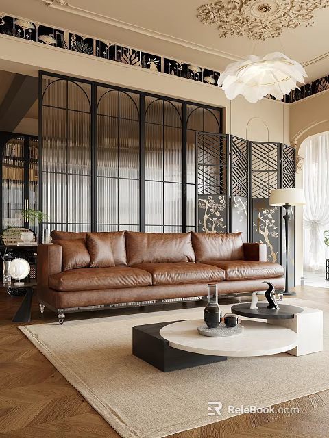 Modern Duplex Living Room Interior With Brown Leather Sofa And Black Metal Screen 3d model 