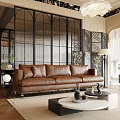 Modern Duplex Living Room Interior With Brown Leather Sofa And Black Metal Screen