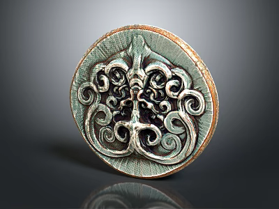 Round Carved Decorative Plate With Intricate Scroll Design And Green Brown Color 3d model