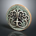 Round Carved Decorative Plate With Intricate Scroll Design And Green Brown Color