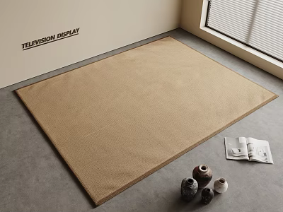 Square Beige Woven Rug In Indoor Display Area With Magazines Decorative Items And Blinds 3d model