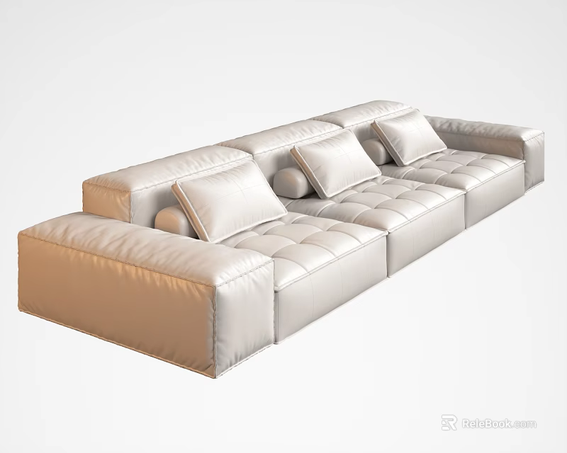 Modern Three Seater Leather Sofa With Plush Cushions For Living Room Decor 3d model