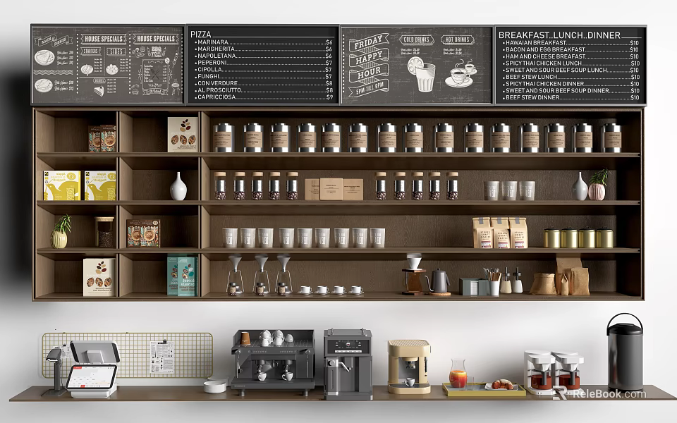 Organized Display Shelves In Coffee Shop With Coffee Beans Cups And Menu Board 3d model 