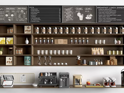 Organized Display Shelves In Coffee Shop With Coffee Beans Cups And Menu Board 3d model