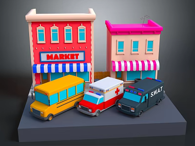 Cartoon Town Scene Featuring Colorful Market Pink Building Yellow School Bus Ambulance SWAT Police Car 3d model
