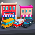 Cartoon Town Scene Featuring Colorful Market Pink Building Yellow School Bus Ambulance SWAT Police Car
