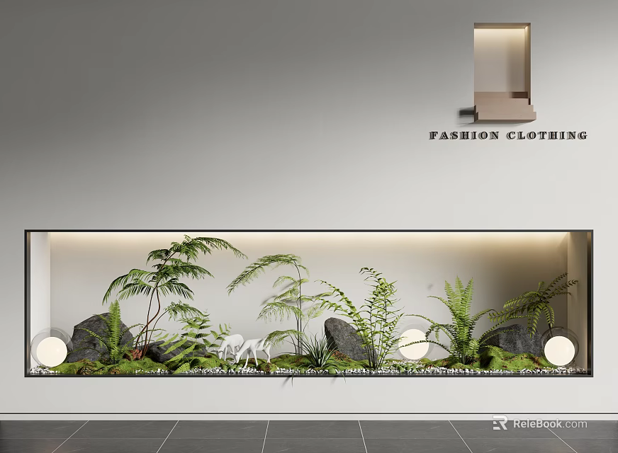 Modern Indoor Landscape With Green Plants Stones And Round Lighting In Wall 3d model 
