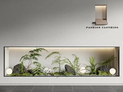 Modern Indoor Landscape With Green Plants Stones And Round Lighting In Wall 3d model